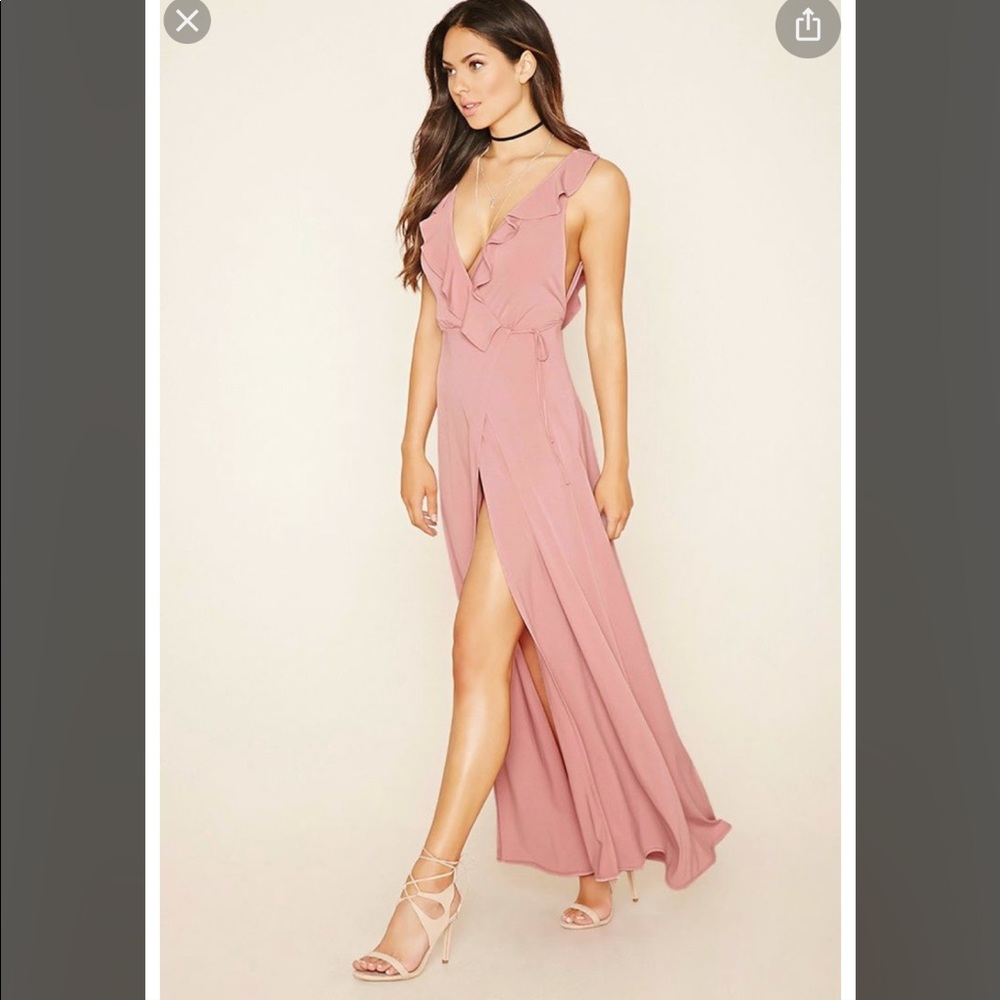 Mauve ruffle maxi wrap dress with slit